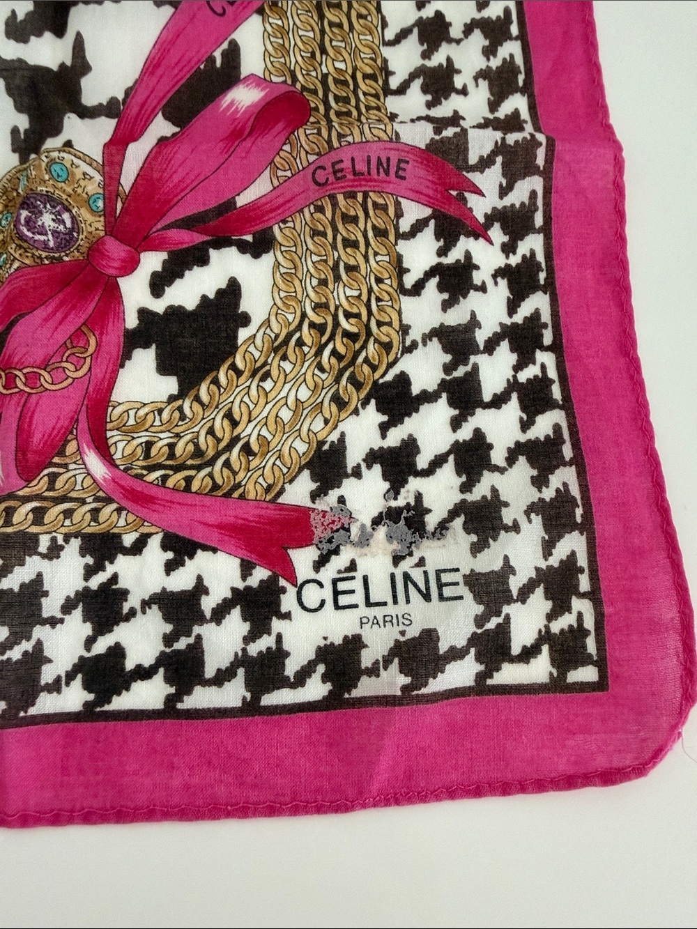 Celine Black & White Houndstooth Silk Scarf with Pink Trim - Picture 3 of 5